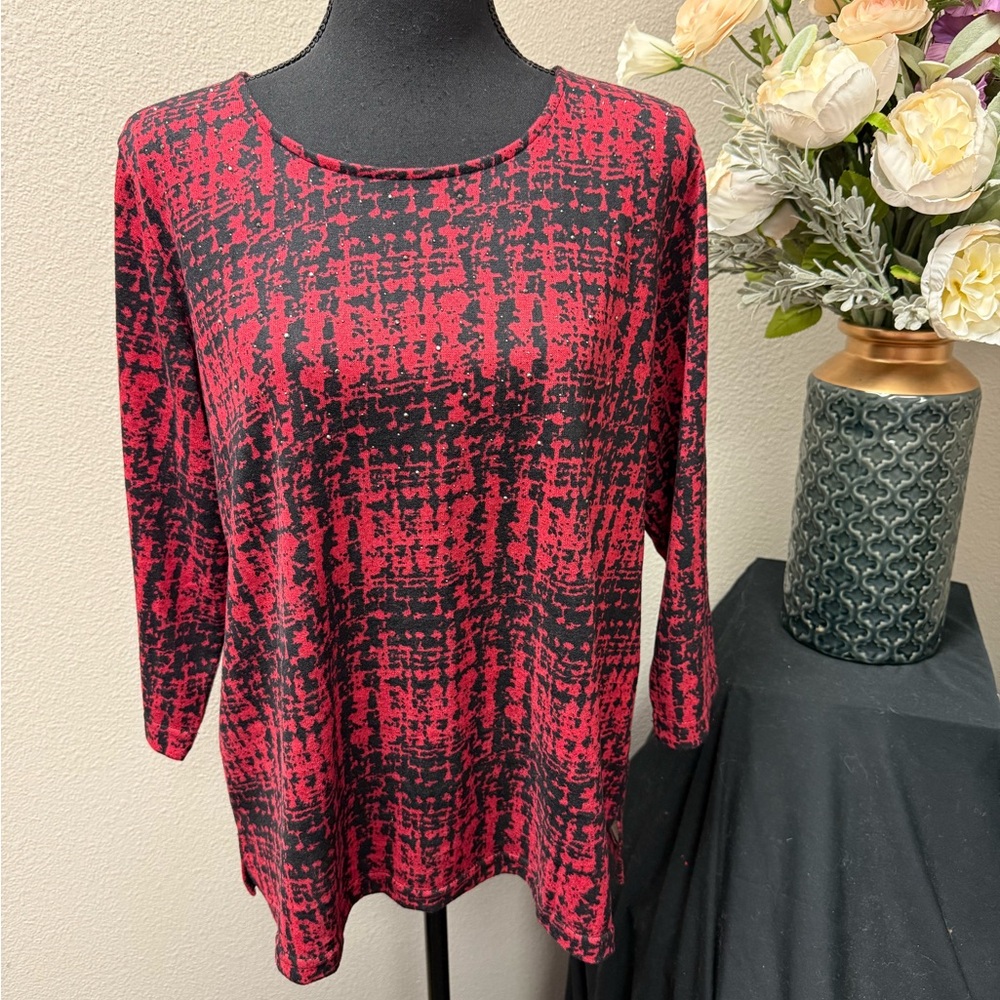 Croft & Barrow Red Black Abstract Tunic Top PXL Stretch Long Sleeve